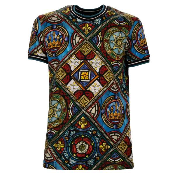 Cotton T-Shirt with Church Vitrage Crown print, ripped details with stripes in blue, black and gold by DOLCE & GABBANA