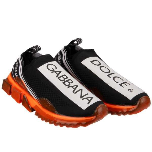 Elastic Slip-On Sneaker SORRENTO for Men with Dolce&Gabbana Logo stripes in black, neon orange and white by DOLCE & GABBANA