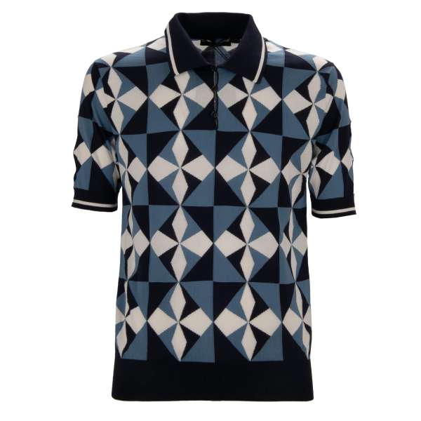 Gio Ponti Design Polo Shirt aus Seide in Blau und Weiß von DOLCE & GABBANA