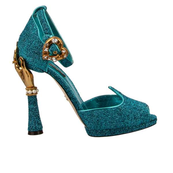 High Heel Sandalen KEIRA aus Stoff und Leder mit Perlen Armband und Ring Absatz in Blau und Gold von DOLCE & GABBANA