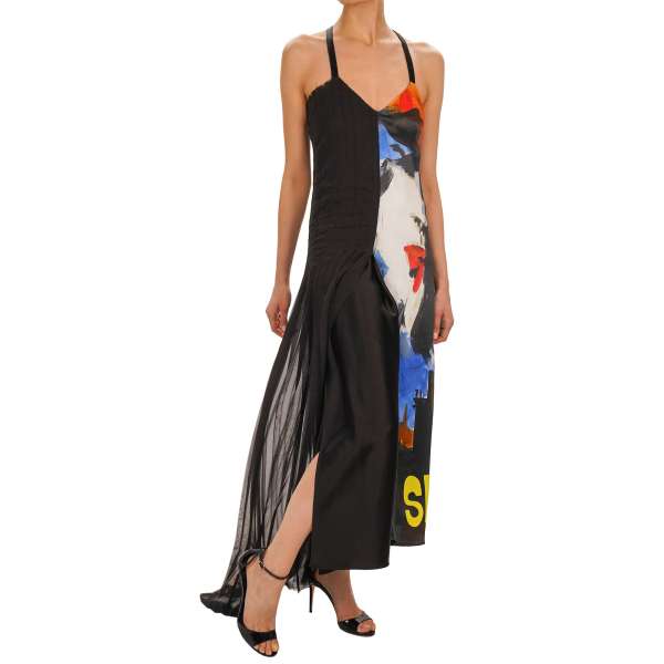 Maxi Satin Kleid "Silence" mit Portrait Print in schwarz von OFF-WHITE c/o Virgil Abloh