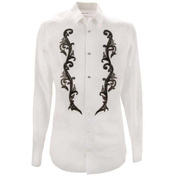 Cotton shirt with baroque pearl, sequins crystal embroidery and crystal buttons in white by DOLCE & GABBANA  - GOLD Line 