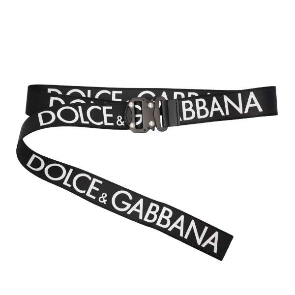 Strap belt with DG logo print and metal buckle in white and black by DOLCE & GABBANA