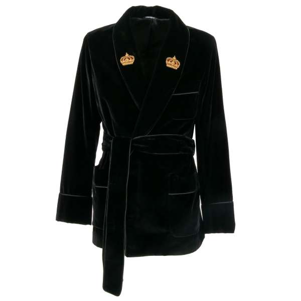 Velvet Robe / Blazer with goldwork pearl crown embroidery and belt fastening in black by DOLCE & GABBANA