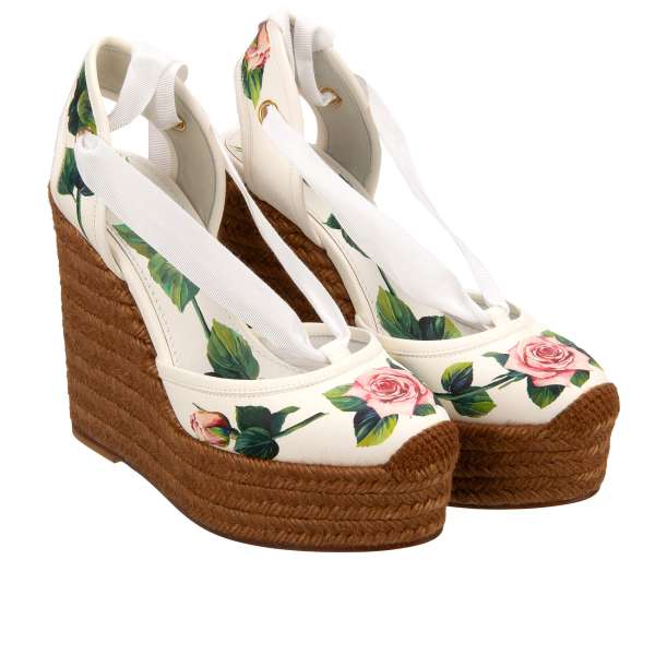 Rose printed Wedge / Plateau Sandals with Raffia heel and ribbon closure LOLA by DOLCE & GABBANA