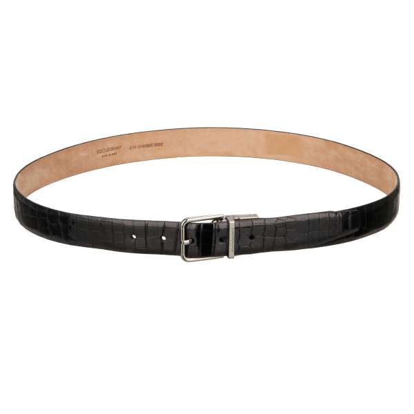 Glossy Crocodile Leather belt with silver and gold buckle in black by DOLCE & GABBANA