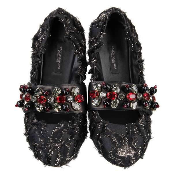 Elastic jacquard ballet flats VALLY with crystals embellished strap by DOLCE & GABBANA 