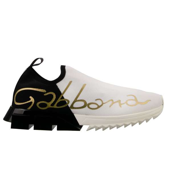 Elastic Slip-On Sneaker SORRENTO for Men with Dolce&Gabbana Logo in white, gold and black by DOLCE & GABBANA