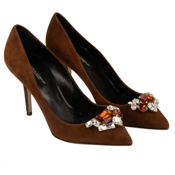 Leather pointed Pumps BELLUCCI with crystals brooch in brown by DOLCE & GABBANA