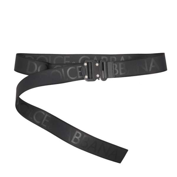 Fabric strap belt with DG logo print and metal buckle in black by DOLCE & GABBANA