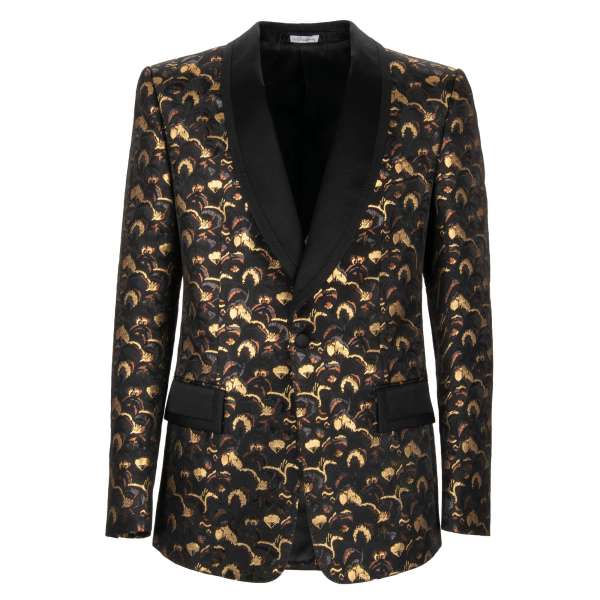 Feather pattern jacquard blazer with peak lapel in gold and black by DOLCE & GABBANA