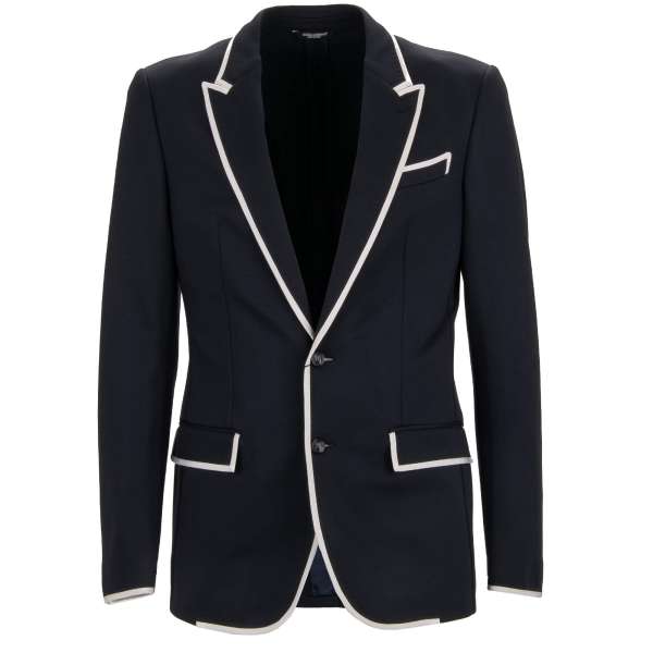 Jersey blazer jacket with contrast details, peak lapel and pockets in blue by DOLCE & GABBANA