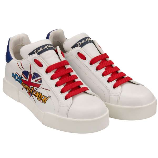 Low-Top Women Sneaker PORTOFINO with DG Loves London logo in white and red by DOLCE & GABBANA