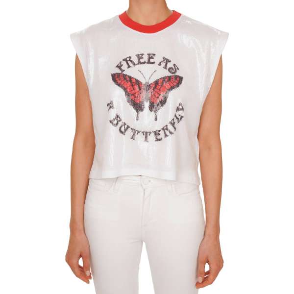 Oversize Cotton Tanktop T-Shirt with sequins and Free as Butterfly Woman print in white by OFF-WHITE c/o Virgil Abloh