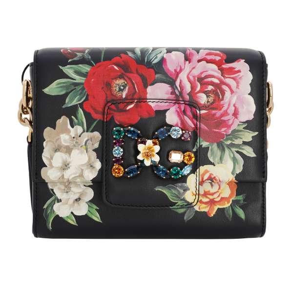 Crossbody / Shoulder Bag DG MILLENNIALS made of calf leather with floral print, crystals logo and leather strap by DOLCE & GABBANA