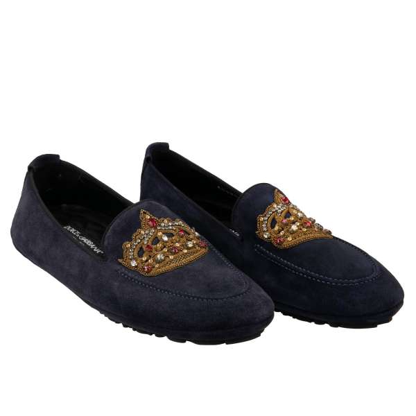 Loafer Schuhe KING DRIVER aus Wildleder mit Kristall Metallfasern Krone in Blau von DOLCE & GABBANA