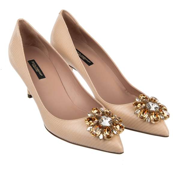 Pointed iguana print leather Pumps BELLUCCI with crystals brooch in beige by DOLCE & GABBANA