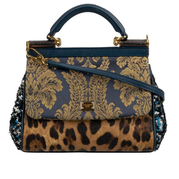 Barock Jacquard Leopard Print und Pailletten Handtasche / Schultertasche SICILY mit DG Logo Schild von DOLCE & GABBANA