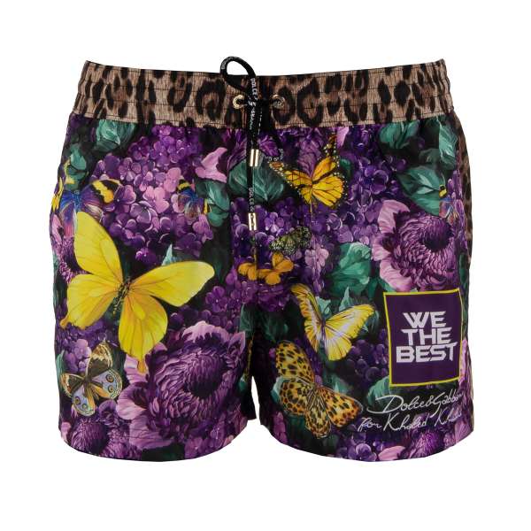 Beachwear swim shorts with leopard, butterfly, flower and logo print, pockets, log patch and built-in-brief by DOLCE & GABBANA x DJ KHALED Beachwear