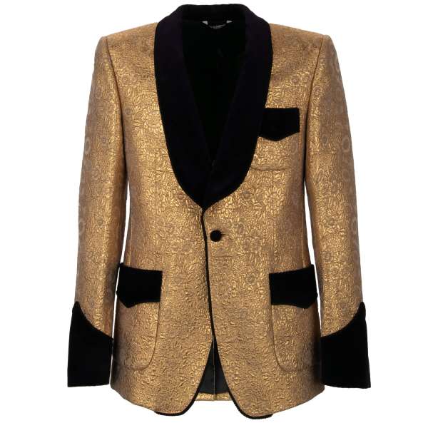 Sakko / Tuxedo Blazer im Barock-Stil mit Kontrast Revers, Manschetten und Taschen aus Samt in Gold und Lila von DOLCE & GABBANA