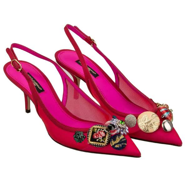 Net Slingback Pumps BELLUCCI with crystal brooches and buttons applications in pink by DOLCE & GABBANA