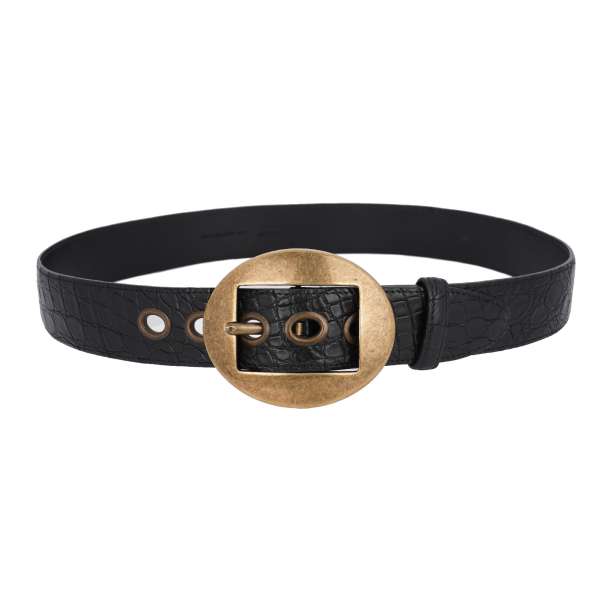 Crocodile leather belt metal oval buckle in black by DOLCE & GABBANA