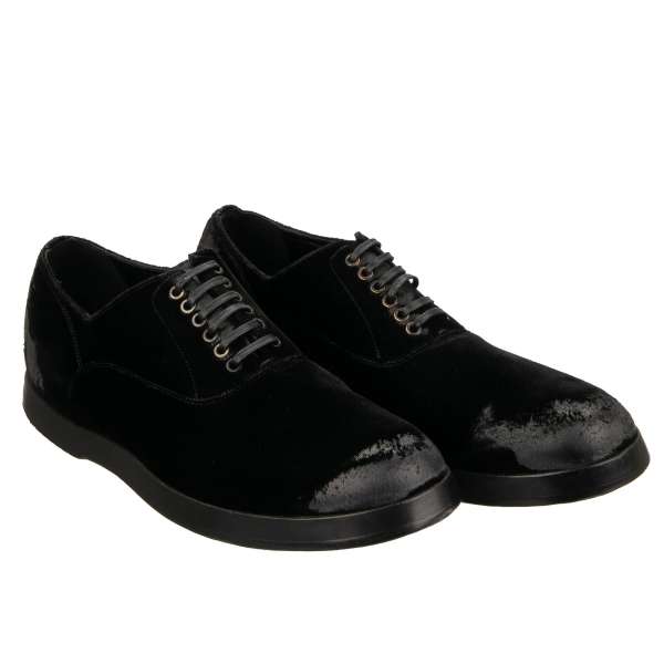 Velvet derby shoes with vintage effect coating in front in black by DOLCE & GABBANA