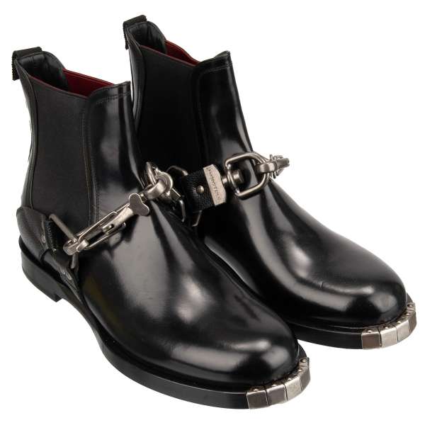 Leather Ankle Boots MASACCIO with metal buckles and decorations in black by DOLCE & GABBANA