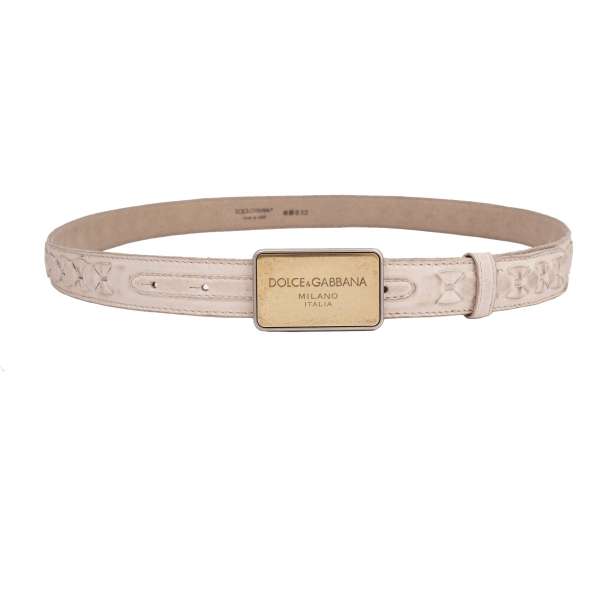 Vintage look woven leather belt with DG Logo metal logo plate in beige and gold by DOLCE & GABBANA