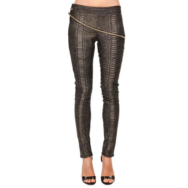 "Dangerous" Leather and snake skin leggings / jeggings pants with Philipp Plein metal logo plate at the back by PHILIPP PLEIN