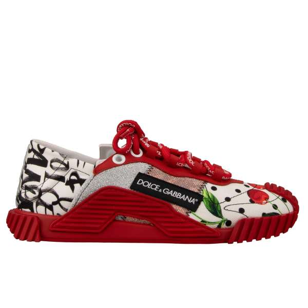 Lace Sneaker NS1 with patchwork design leopard, cherry pattern and DG logo in red and white by DOLCE & GABBANA