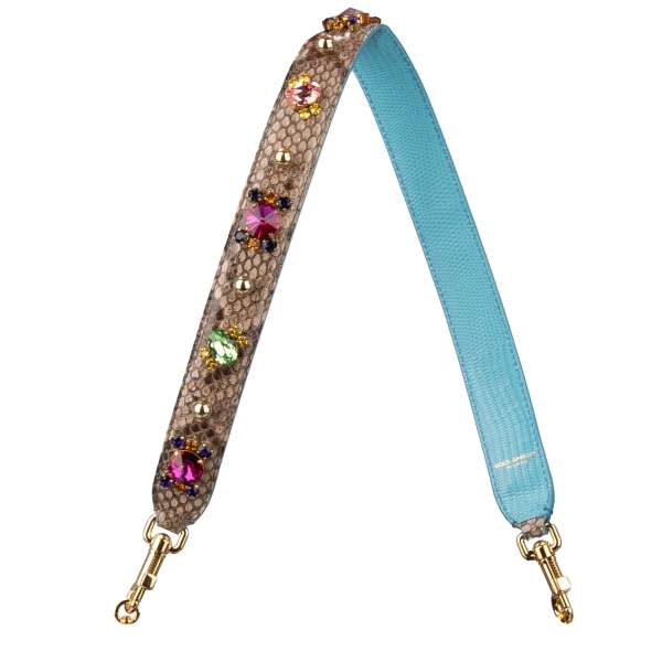 Snake and Lizzard pattern calf leather bag Strap / Handle with crystals and pearls applications in beige and blue by DOLCE & GABBANA