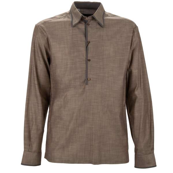 Cotton Shirt with silk elements and half-placket button line in beige by DOLCE & GABBANA 