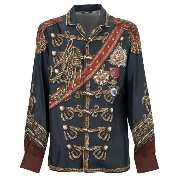 Silk shirt with Royal uniform medal print and front pocket in green by DOLCE & GABBANA