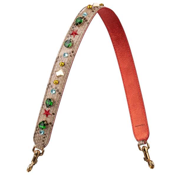 Snake and Dauphine calf leather bag Strap / Handle with crystals, pearls, stars and studs applications in beige and red by DOLCE & GABBANA