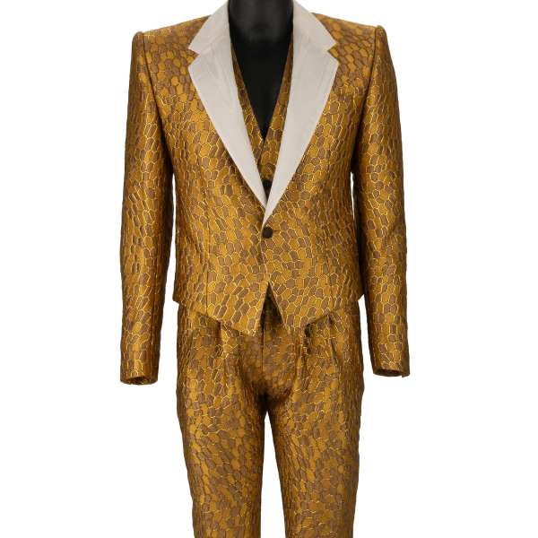 Jacquard 3 piece suit with short blazer and notch lapel in gold and white by DOLCE & GABBANA 