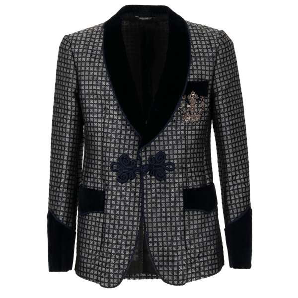 Baroque Style jacquard jacket / blazer with crystal bee crown embroidery, rope fastening and shawl lapel in blue by DOLCE & GABBANA