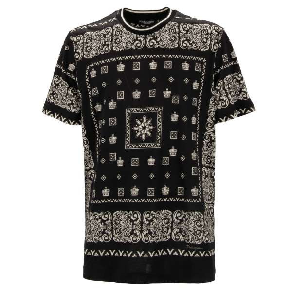 Oversize Cotton T-Shirt with Crown and decorative motive in black and white by DOLCE & GABBANA