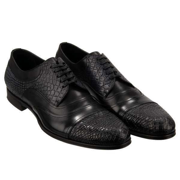 Caiman and calf leather derby shoes NAPOLI in black and gray by DOLCE & GABBANA