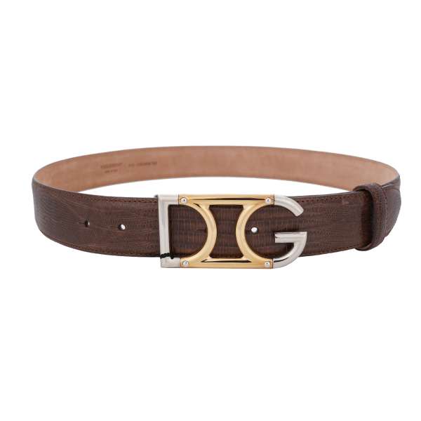 Lizard leather belt with silver and gold DG Logo metal buckle in brown by DOLCE & GABBANA