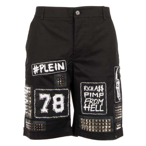  "Unilateral" Baumwolle Shorts mit Logo Patches und Nieten in Schwarz von PHILIPP PLEIN