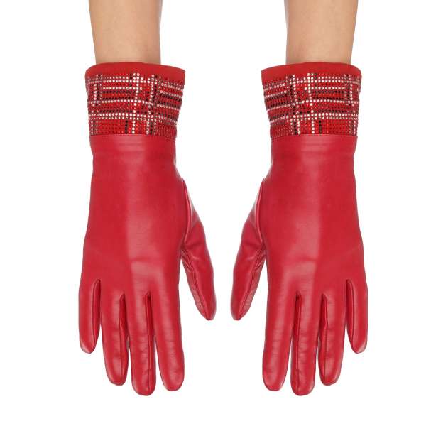 "Winter Picnic" Leather and Cashmere Lining Mid-Gloves with crystals in red by PHILIPP PLEIN 