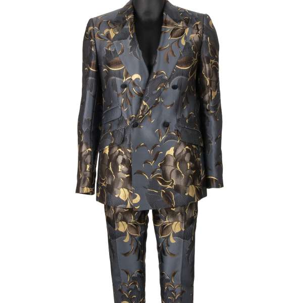 Flower pattern jacquard double-breasted suit with peak lapel in gray and gold by DOLCE & GABBANA 