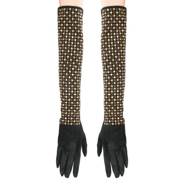 "Superstudded" Suede leather long gloves with studs and crystals in black and gold by PHILIPP PLEIN 