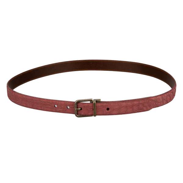 Crocodile Leather belt with silver buckle in bordeaux pink by DOLCE & GABBANA