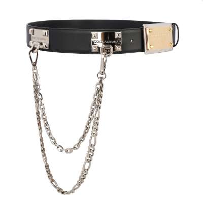 DG Logo Gold Metal Plate Silver Chain Leather Belt Black