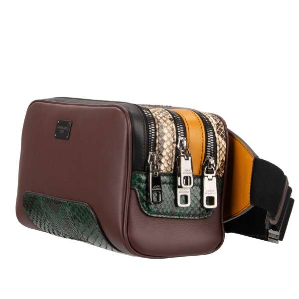 Unique large multicolor snake and calf leather waist bag with three zip compartments and logo by DOLCE & GABBANA