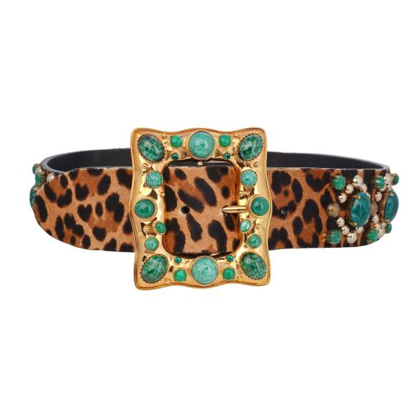 Leopard pattern fur and leather Belt embellished with green and metal pearls in brown, black and gold by DOLCE & GABBANA 