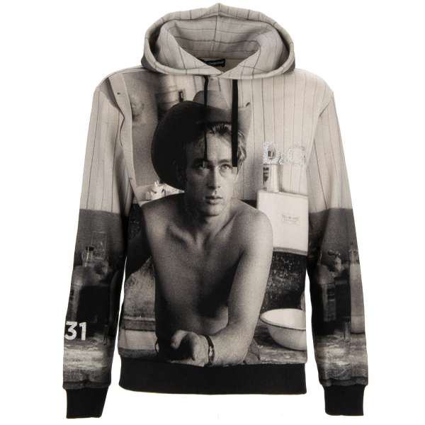 Hoodie / Pullover mit James Dean Print und D&G Glitzer Logo und 31 Nummer Patches in schwarz und weiß von DOLCE & GABBANA 