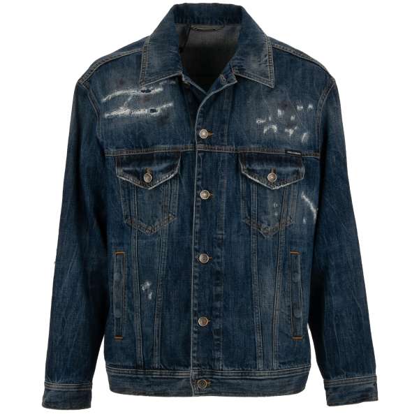 Oversize Denim / Jeans jacket with DG leather Logo patch, pockets and logo patch in blue by DOLCE & GABBANA